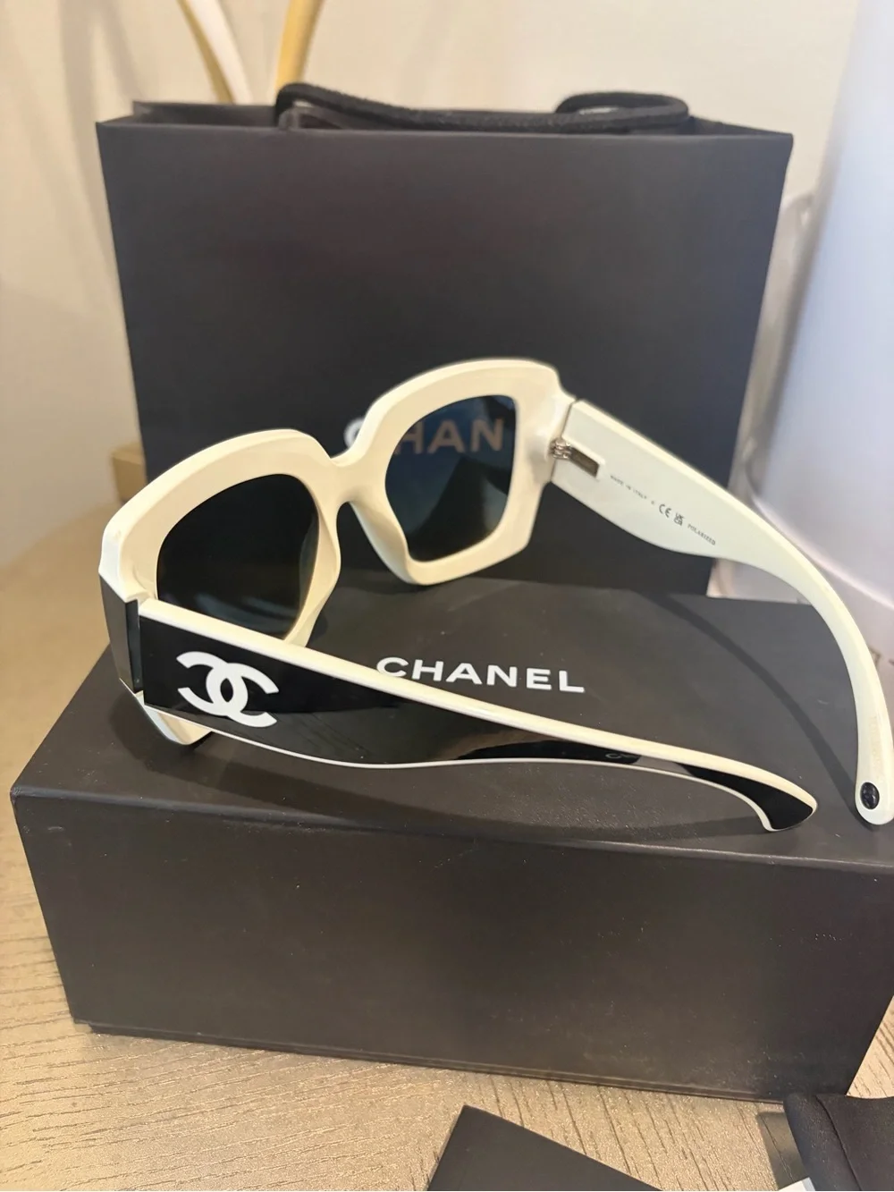 CHANEL 6059 Black and Milky White Square Oversized Sunglasses with Brown Lenses